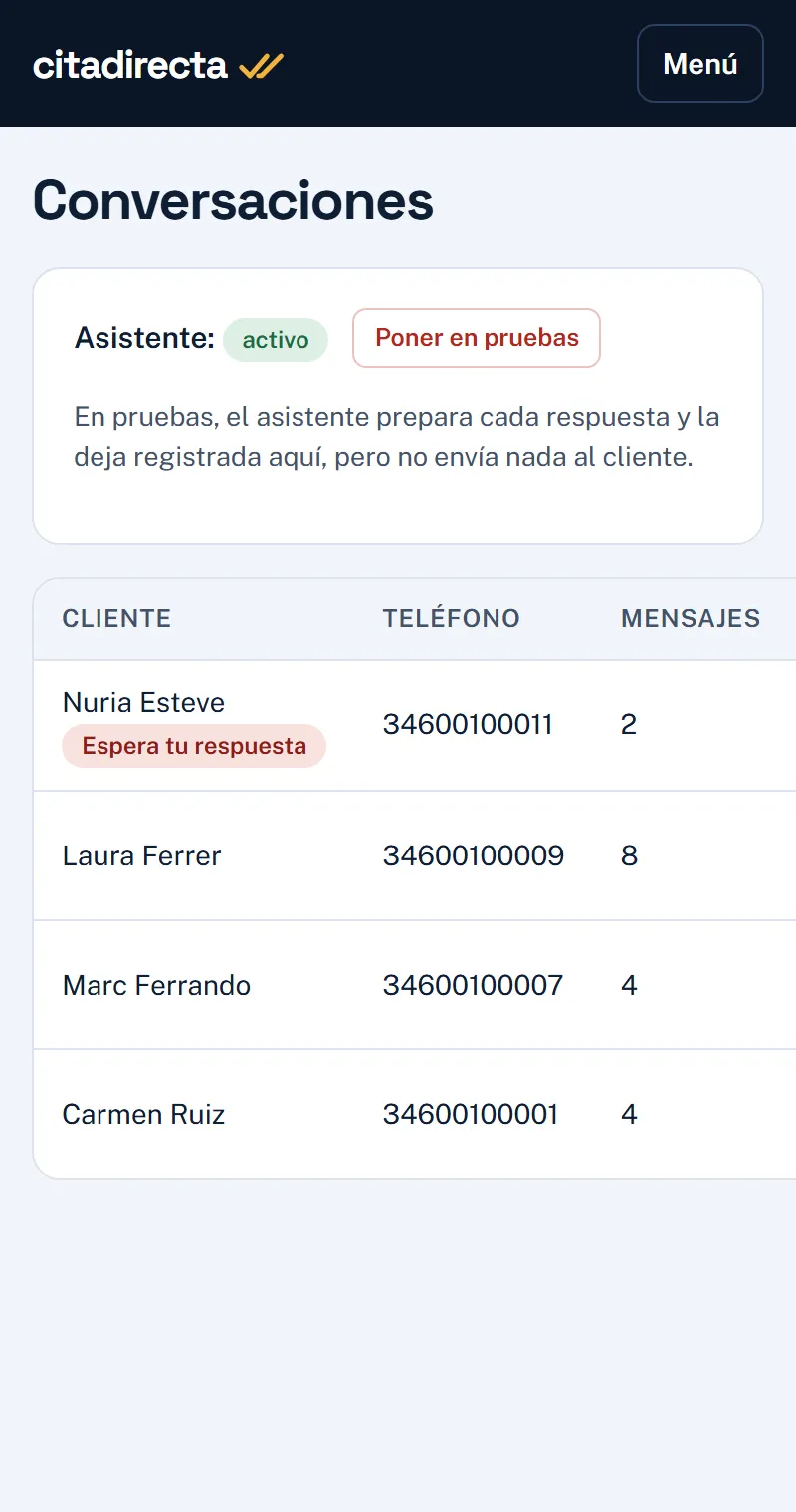 Lista de conversaciones del panel; la primera lleva la etiqueta «Espera tu respuesta».